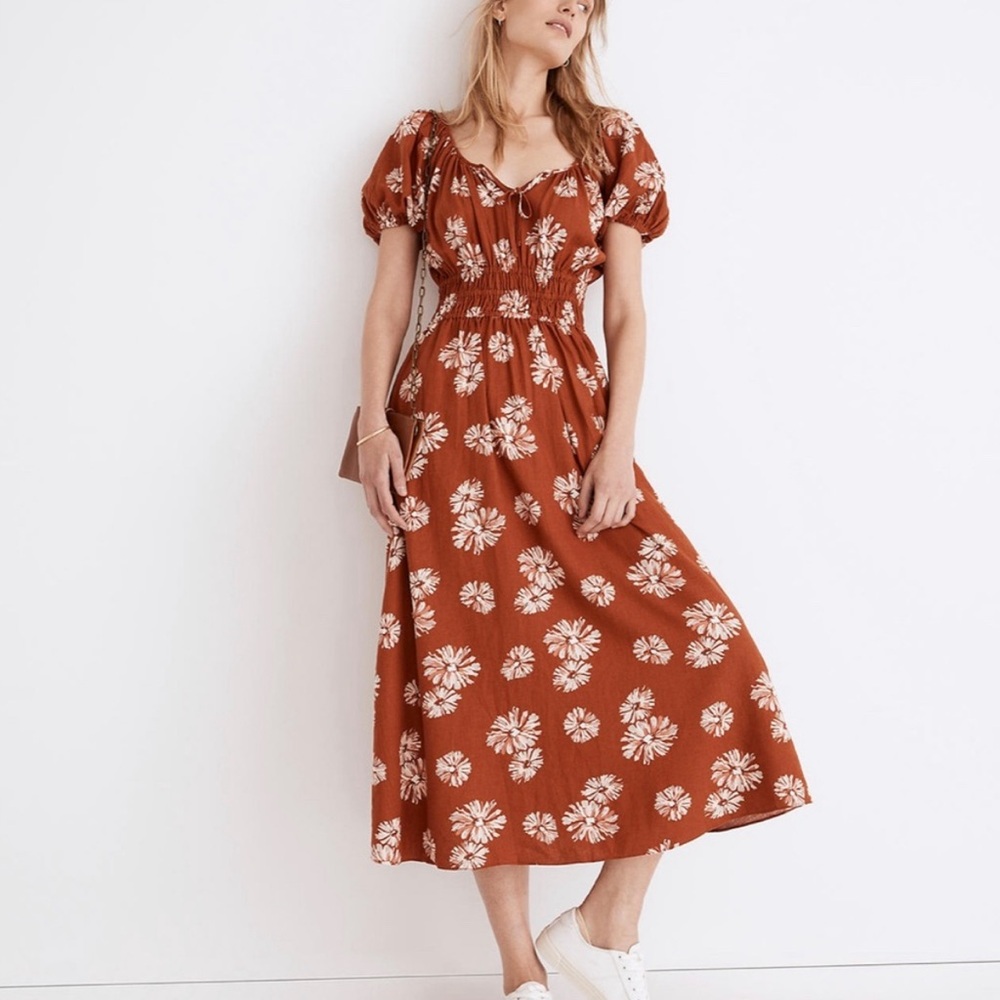 Madewell Sophia Linen Blend Puff Sleeve Floral Midi Dress Size 3X